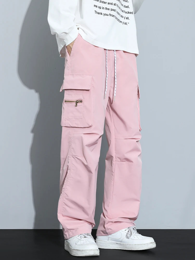 Spring Autumn Mens Cargo Pants String Banding Multi-Pockets Casual Baggy Pants Y2K Sweatpants High Street Straight Trousers 240807