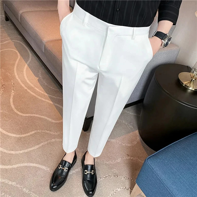 British Style Solid High Waist Trousers Men Formal Quality Slim Fit Business Casual Suit Pants Groom Wedding Dress 240806