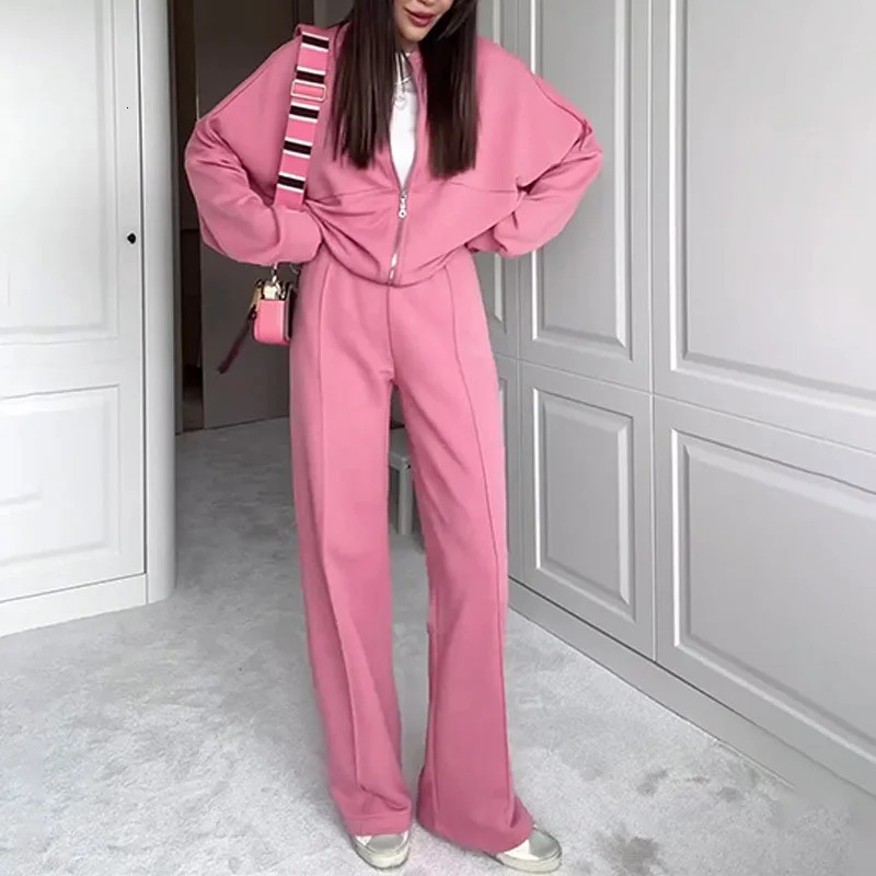 Autumn Winter Solid Loose Tracksuit Women Casual Zipper Sweatshirt Coat Laceup Pants Outfit Fashion Warm Two Piece Suit Sets 240808