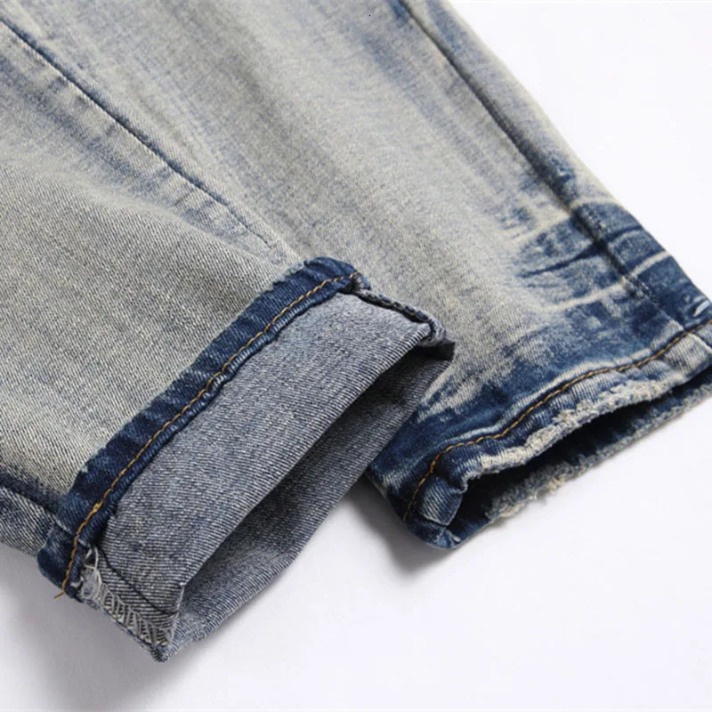 2024 Punk Mens Black and Blue Letter Embroidered Jeans Street Clothing Hole Tear Denim Pants Hip Hop Ultra Thin Hombre Trousers 240806