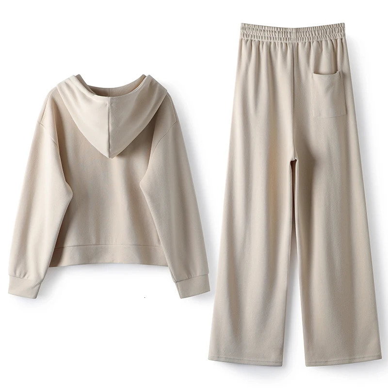 Autumn and Winter solid Womens hoodie casual sports suit Womens loose floor sweeping Wide-leg pants two-piece suit 240807