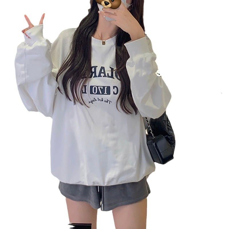 Plush loose casual hoodie for women in autumn and winter, ancient round neck long sleeved base shirt, top, Korean women's clothing