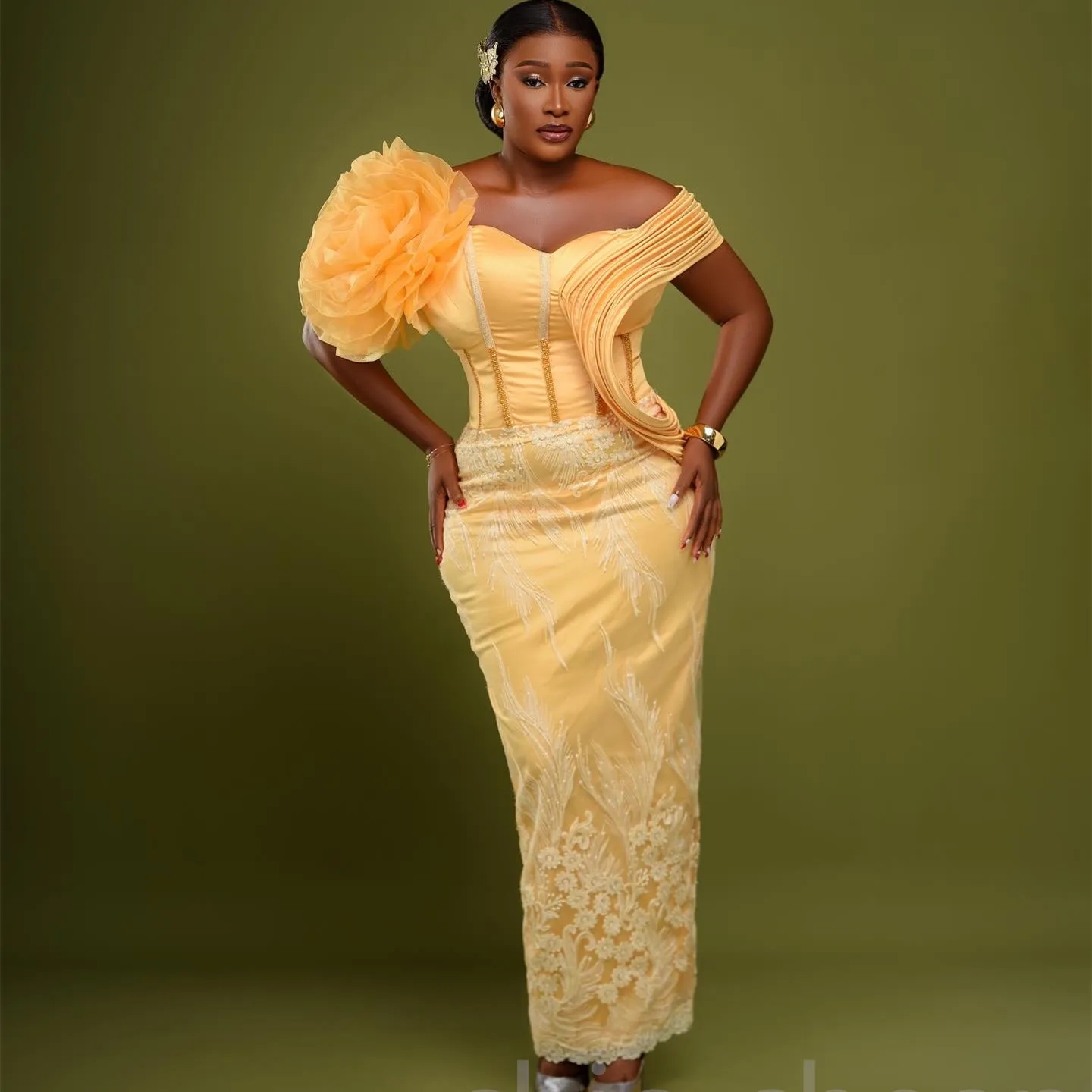 Yellow Aso Ebi Sheath Off The Shoulder Flowers Prom Dresses Formal Party Second Reception Birthday Engagement Evening Gowns Dresses Robe De Soiree