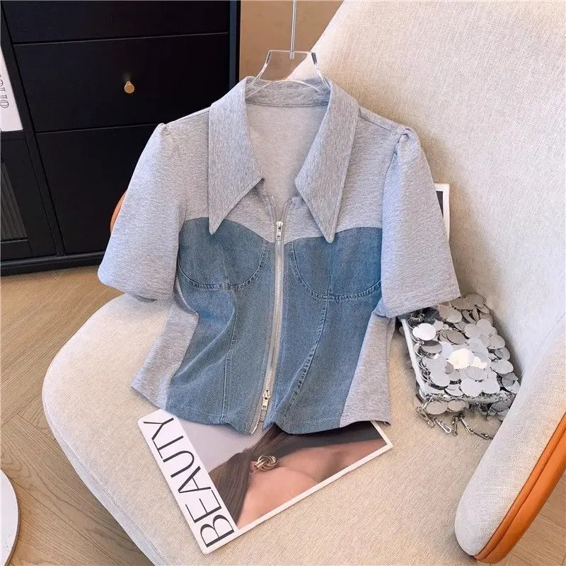 Casual Pant Sets Denim Splicing 2 Pieces Set Summer Polo Collar Zipper Tops High Waist Wide Leg Trousers Women Clothing Suit 240807