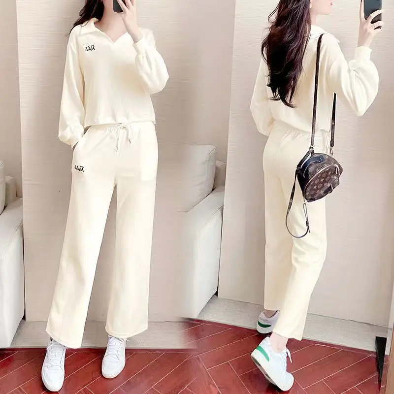 Casual Sports Suit For Women Spring Autumn Fashion Height And Slimming High-end Tops And Wide Leg Pants 2 Two Piece Set 240807