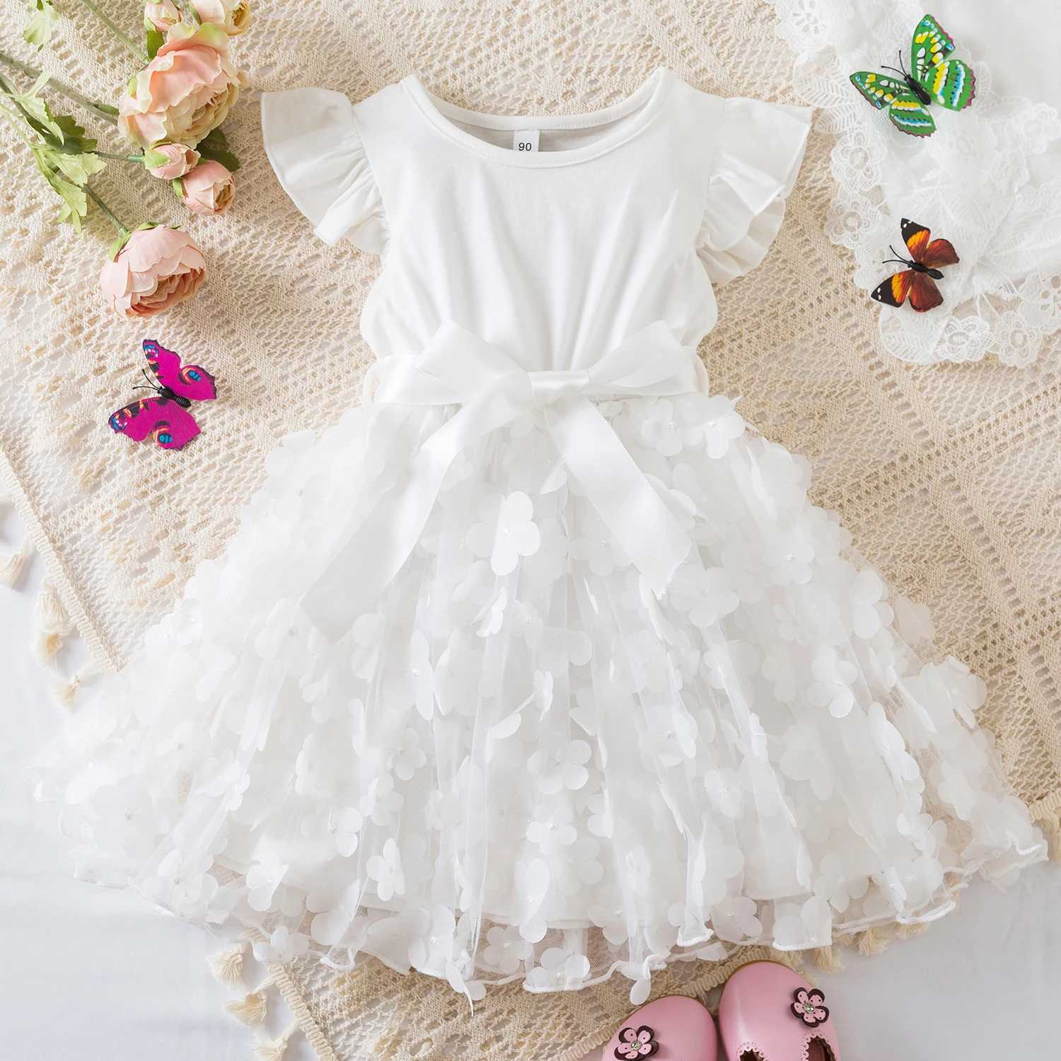 Summer 3D floral grid ruffled sleeves for children aged 1-5 girls birthday parties princess dresses Tutu cute baby clothingW240720