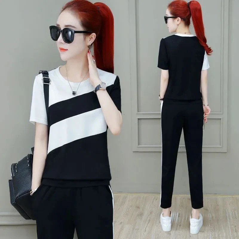 Womens Sports Suit Spring Summer Korean Loose Short Sleeve Tops And Pants Two Piece Set Student Casual Running Outfits 240807