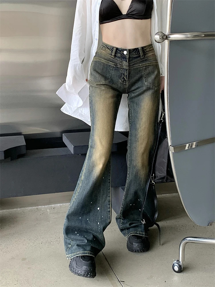 Fashion Blue Denim Flare Pants Women High Waist Slim Bell Bottoms Female Jeans Y2K Streetwear Gyaru Vintage American Retro 240807