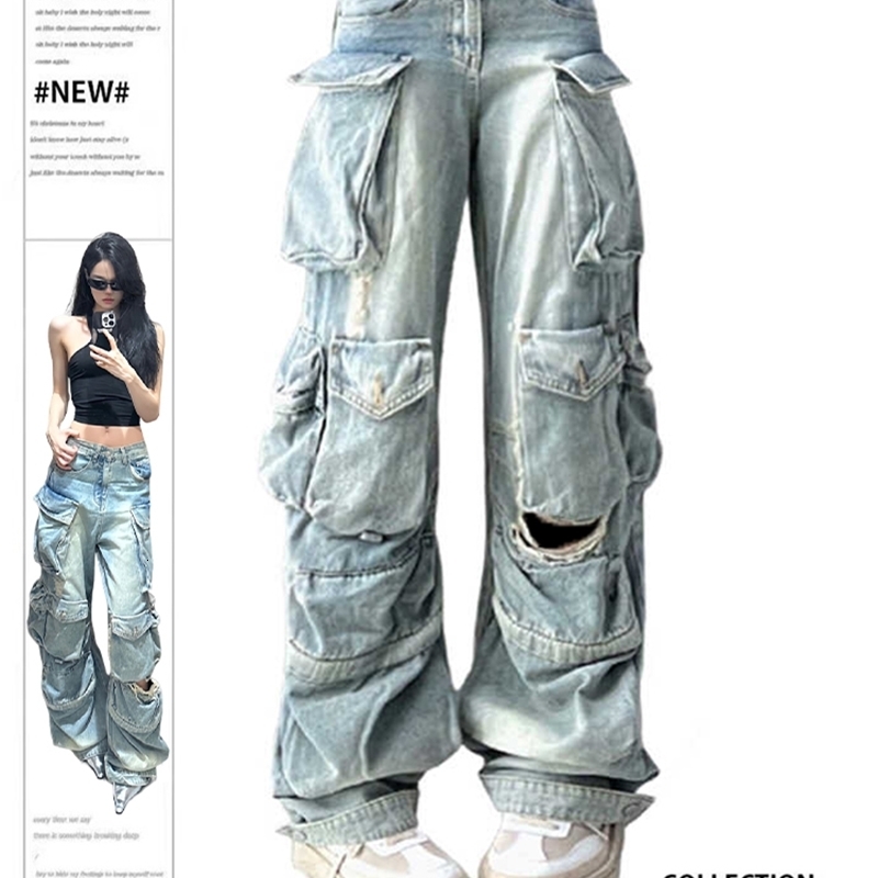 Women Streetwear Baggy 2000s Y2k Japanese American Vintage Hole Denim Pants Harajuku Long Trousers Cargo Jean Loose Vintage Dark 240806