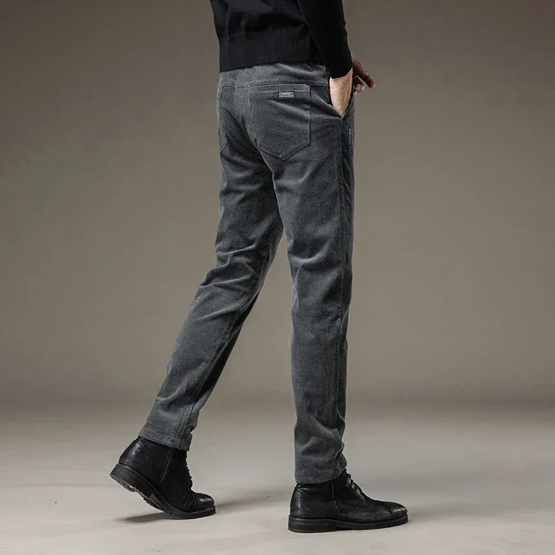 Winter Fleece Warm Corduroy Pants Men Stretch Thick Elastic Waist Fluff Pant Korean Classic Brown Trousers Male Clothing 240806