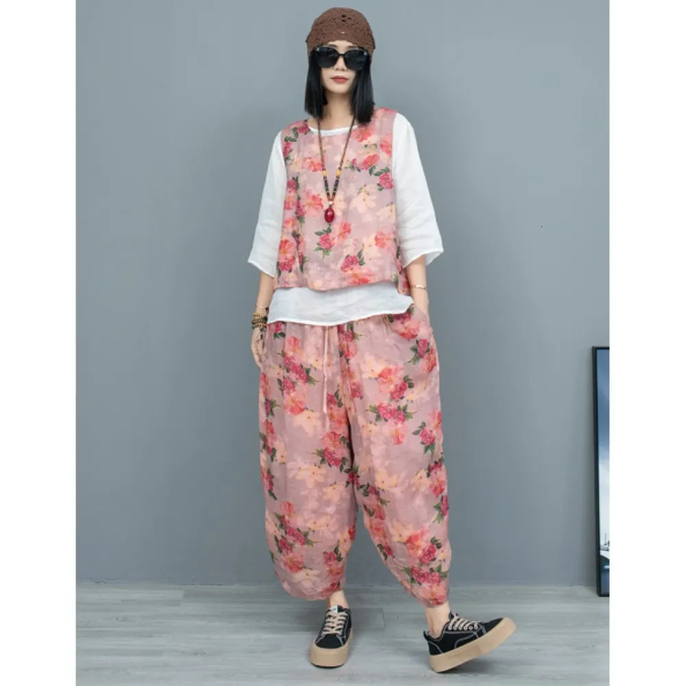 Chinese Style Floral Ramie Round Neck Vest Pant Two-piece Set Women Summer Lightweight Cool Fashion Pant Set ZF098 240807