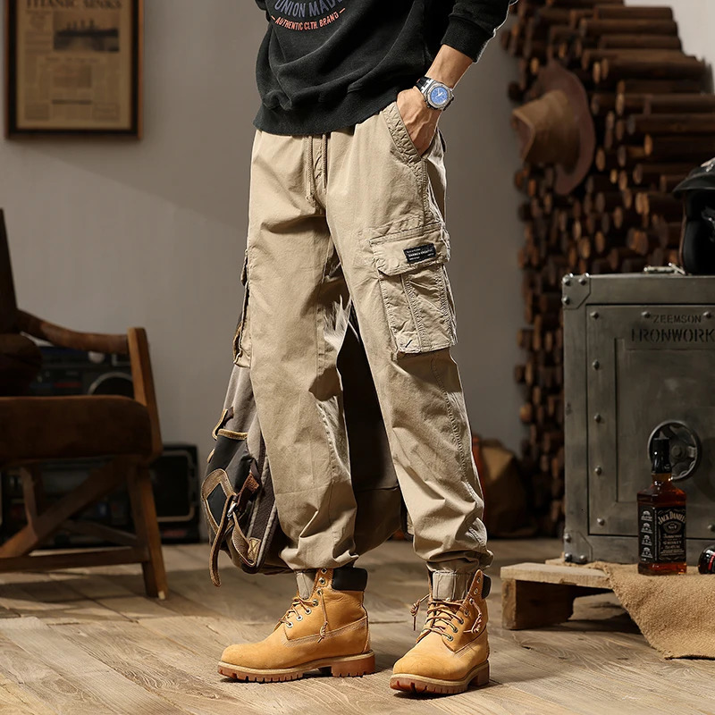 Spring and Autumn Mens Casual Fashion Work Pants Wear resistant Multi pocket Straight leg 240806