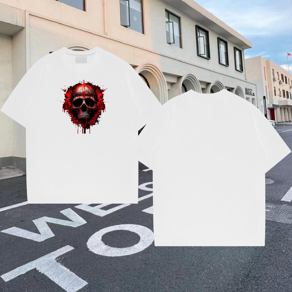 2024 New T-Shirts for Men skull Tops 230g Pure Cotton High Street Hip Hop Wholesale DIY Crew Neck Breathable Men Clothes T-Shirt