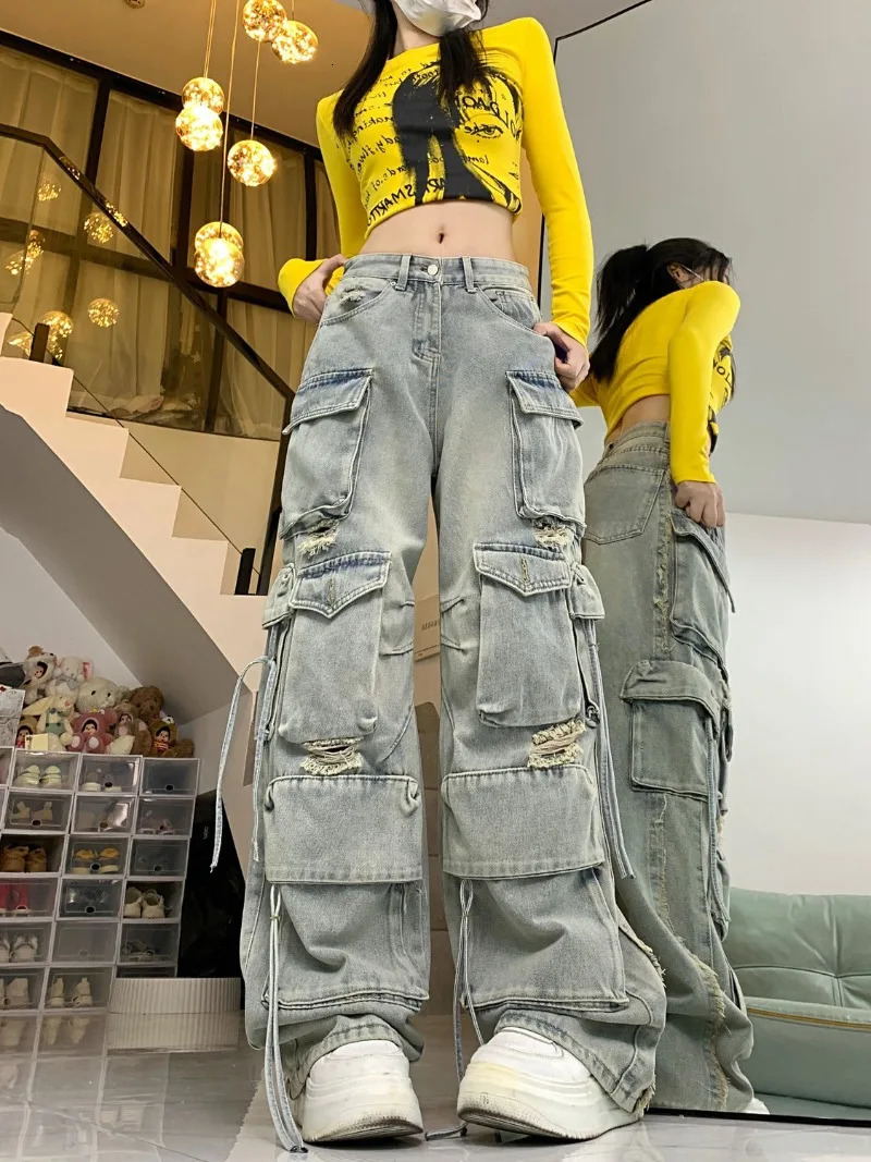 Arican Spice Girl Heavy Industry High Street Multi-Pocket Wide Leg Hip Hop Jeans Y2K High Waist Baggy Straight Pants 240806