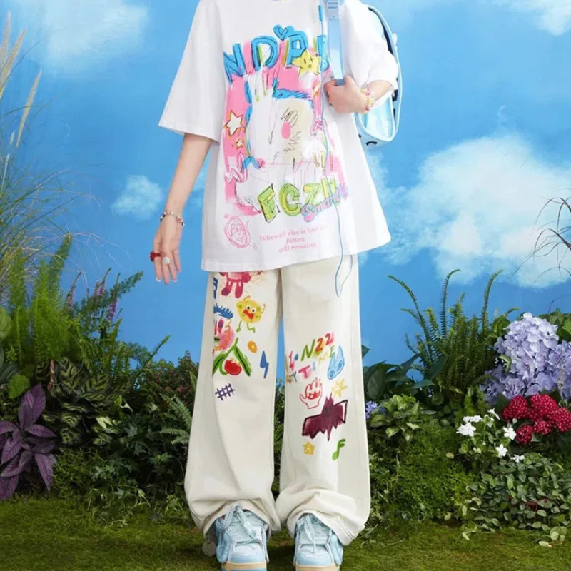 Kawaii Cartoon Young Style Sweet Summer Straight Jeans Women Printing Pockets Zipper Fashion Loose High Waist Wide Leg Trousers 240807
