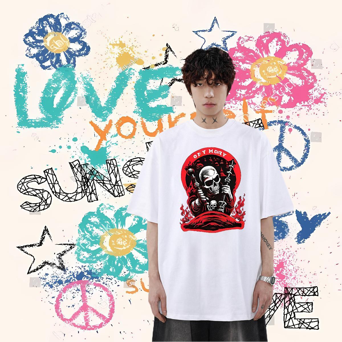 New Arrival T Shirt For Man skull Top Tees 100% Cotton 230g Anime Printing Street Soft Floral Print Breathable Short Sleeve Couples T Shirts