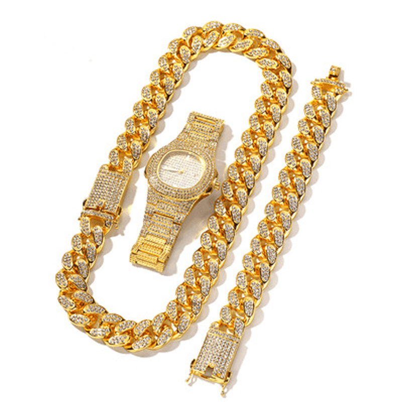 Chains 3pcs Kit Hip Hop Iced Out Full Bling Rhinestone Men's Thorns Prong Cuban Link Necklace Watch Bracelet For Men Women JewelryChains