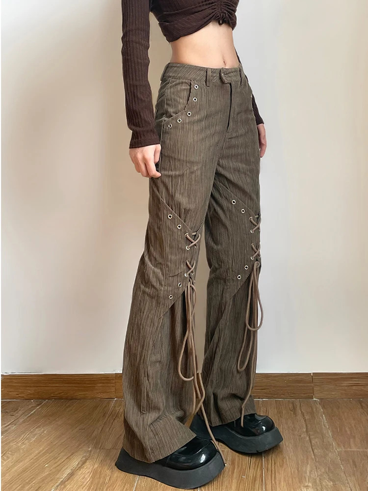 Women American Vintage Baddie Style Lace Up Cargo Pants Grunge High Waist Straight Leg Trousers Harajuku Fashion Y2k Streetwear 240807