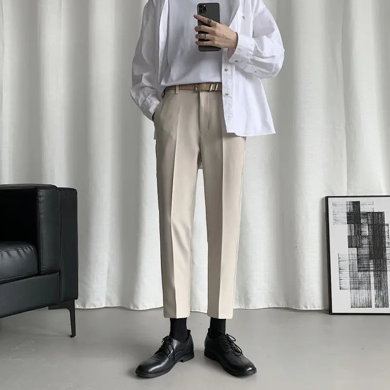 Korean black suit mens ultrathin fashion solid color business social dress straight pants soft 240816