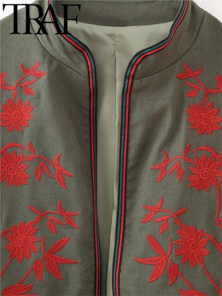 TRAF GAL Spring Red Embroidered Jacket Women Short Cardigan Long Sleeve Stand Collar Vintage Coat Female Crop Top Y2k 240807
