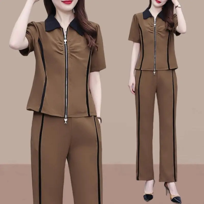 Fashion and Sports Womens Set Korean Edition Loose and Slimming Style Polo Neck Short Sleeve Two Piece Set 240807