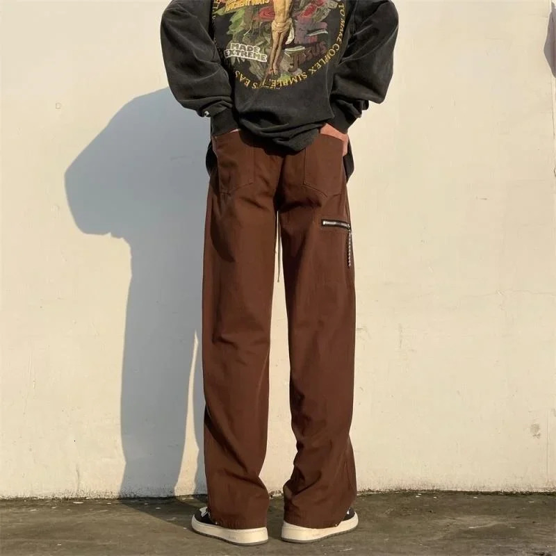 Male Trousers Brown Mens Cargo Pants Wide Straight Slacks Baggy Loose Luxury Regular Fit Harajuku Y2k Korean Style Fashion Long 240806