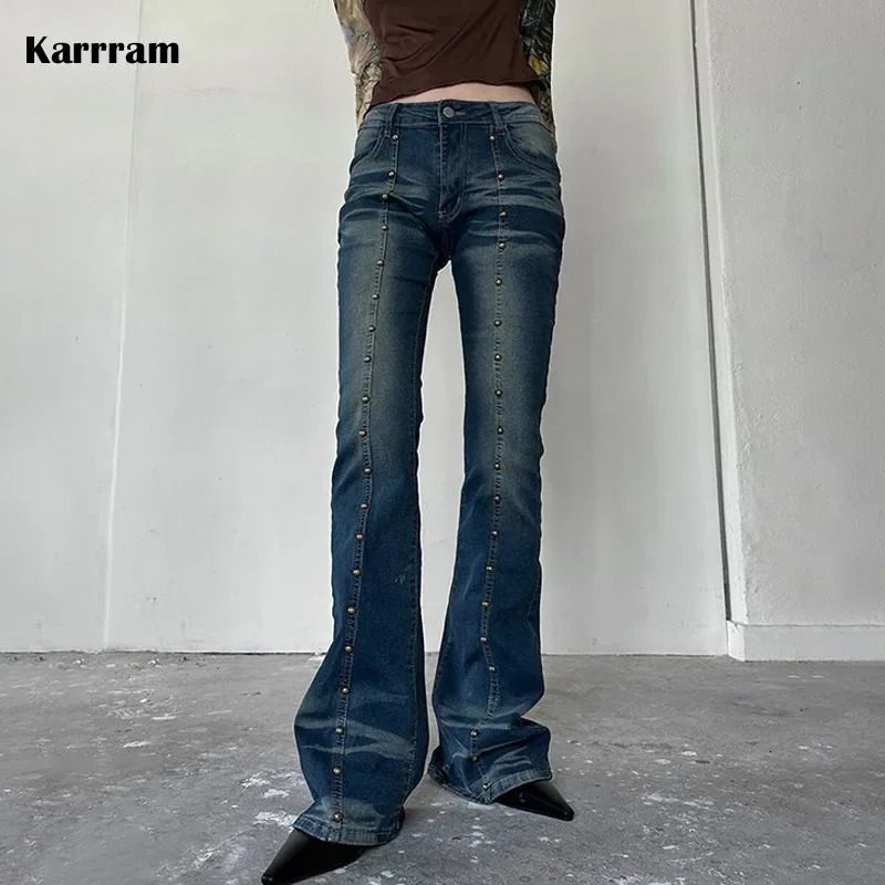 Karrram Grunge High Waist Flared Jeans Vintage Stud Line Boot Cut Jeans Women Rivet Bell Bottom Denim Pants Korean Fashion Y2k 240807