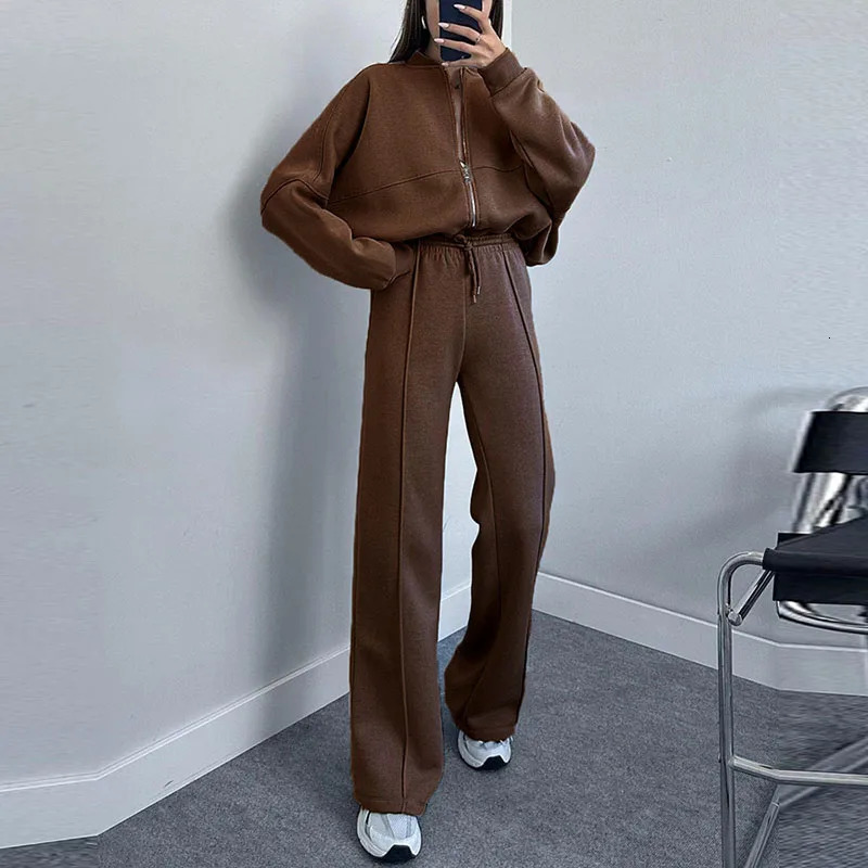 Autumn Winter Solid Loose Tracksuit Women Casual Zipper Sweatshirt Coat Laceup Pants Outfit Fashion Warm Two Piece Suit Sets 240808