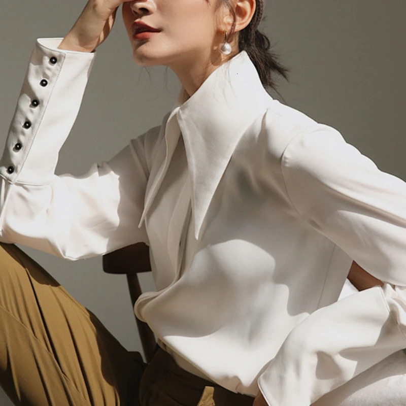 Stylish Elegant Turn Down Collar White Long Sleeve Satin Shirts Fashion Woman Vintage Blouse Office Lady Tops Blusas 16946 240807