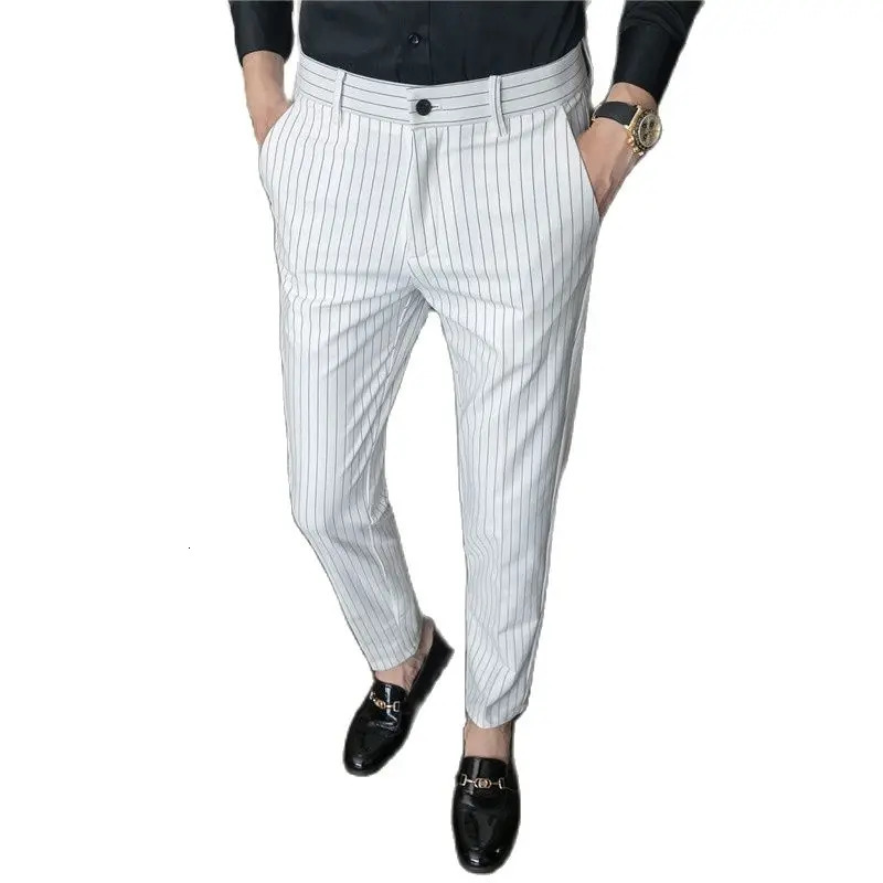 White Vertical Stripes Suit Pants Men Blue Black Trousers Fashion Slim Mens Pant Business Pantalones Hombre Autumn Slacks 240806
