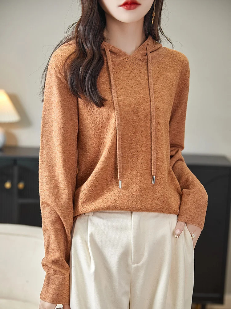 Australian Wool Pullover Hoodie O-Neck Solid Color Knitwear Hoodie Long Sleeved Knit Sweater Women Fashion Leisure Style Top 240807