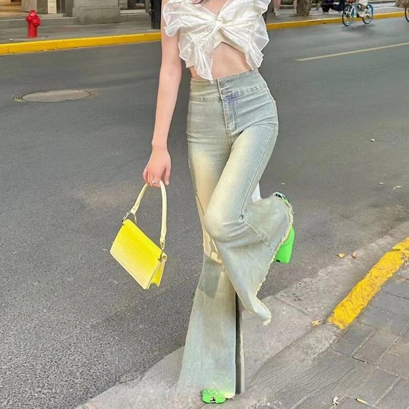 Retro High Waisted Trendy Street Cool Large Flared Jeans for Women Spring Slim Fit with Elastic Wide Legs Sweep Floor Long Pants 240807