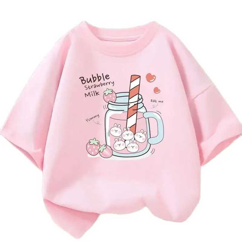 Strawberry juice graphic printed T-shirt girls aesthetic pink top T-shirt 2023 summer new fashion childrens T-shirtW240718