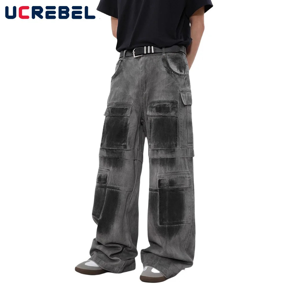MultiPocket Cargo Trousers Mens Washed Distressed High Street Loose Straight Wide Leg Pants Men 240806