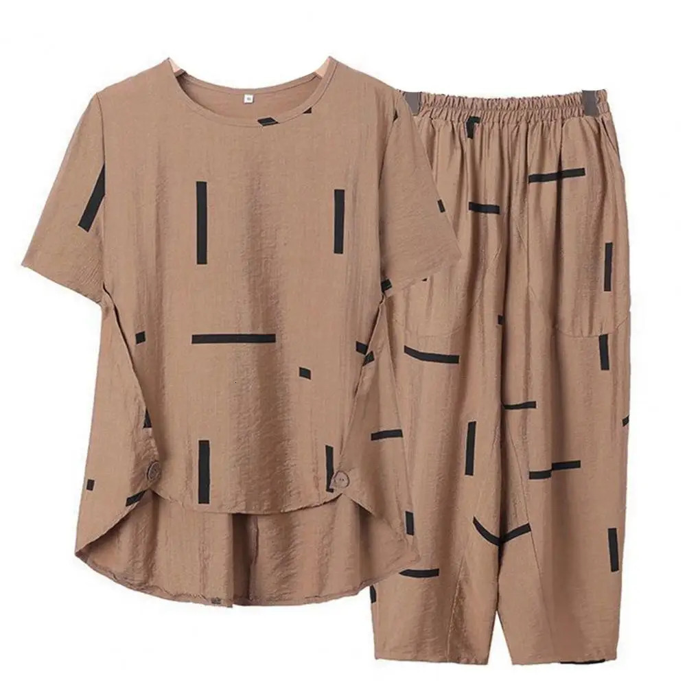 Wide Leg Harem Pants Outfit Casual O-Neck Short Sleeve Irregular Hem Pockets Top Pants Set Mid-aged Women Printing Streetwear 240807