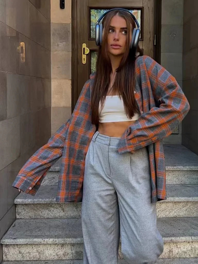 Summer Women Oversized Plaid Shirt Vintage Long Sleeve Loose Fit Blouse Autumn Female Office Fashion Shirt Tops For Woman 240807