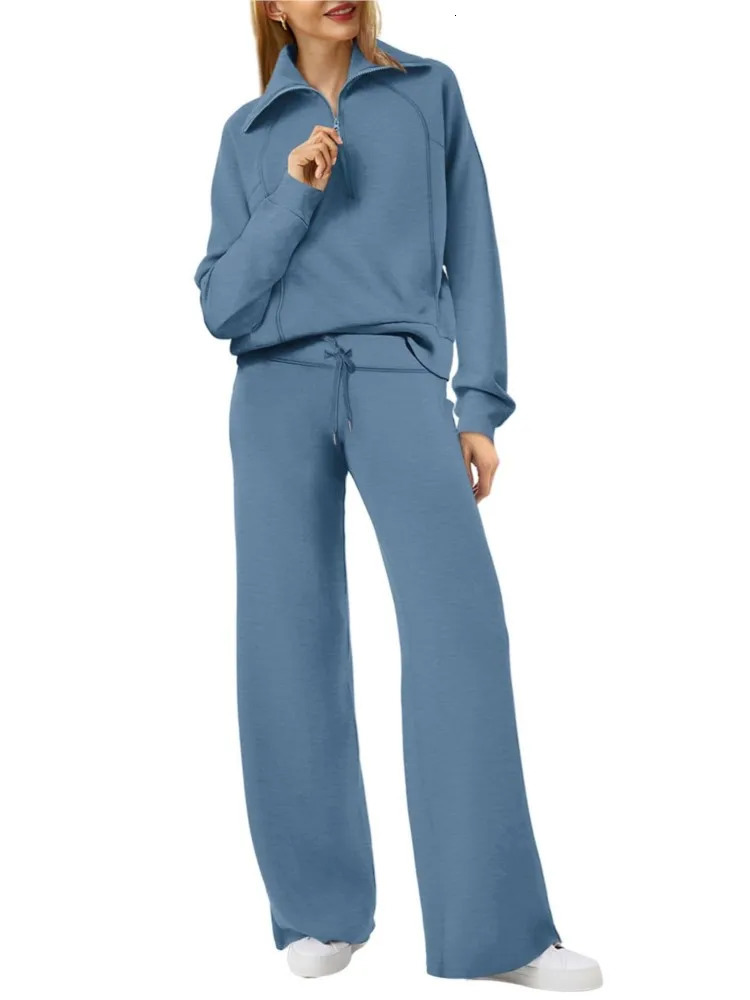 Women Autumn Winter Casual Sports Suit Fashionable Zipper Long Sleeved Sweatshirt With Tie Up Waist Wide Leg Pants Two-piece Set 240807