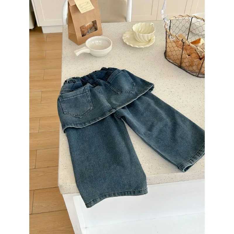 Jeans Girls Jeans Korean Straight Leg Trousers Boys Fake Two-piece Long Pants Girls Fashionable Handsome Kid Childrens Gray Culottes