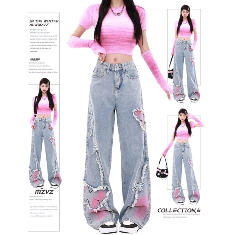 Blue Womens Jeans Butterfly High Waist Straight Baggy Denim Pants American Korean Fashion Y2K Female Wide Leg Denim Trouser 240806