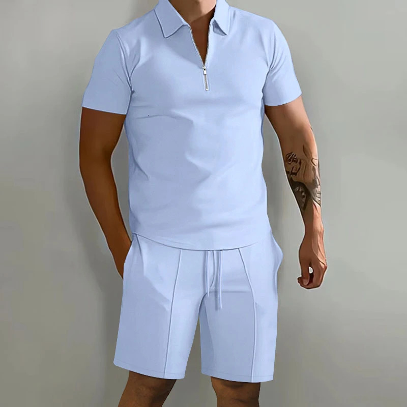 Summer Solid Color Mens Sets High Street POLO Collar Short Sleeve Zip Fastener Pullovers Elastic Waist Pockets Y2K Shorts 240806