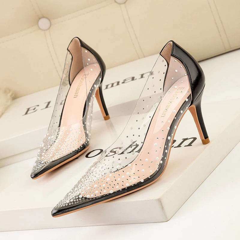 Fashion gold rhinestone PVC transparent womens pump spring and autumn fine high heels sexy party wedding shoes 240802