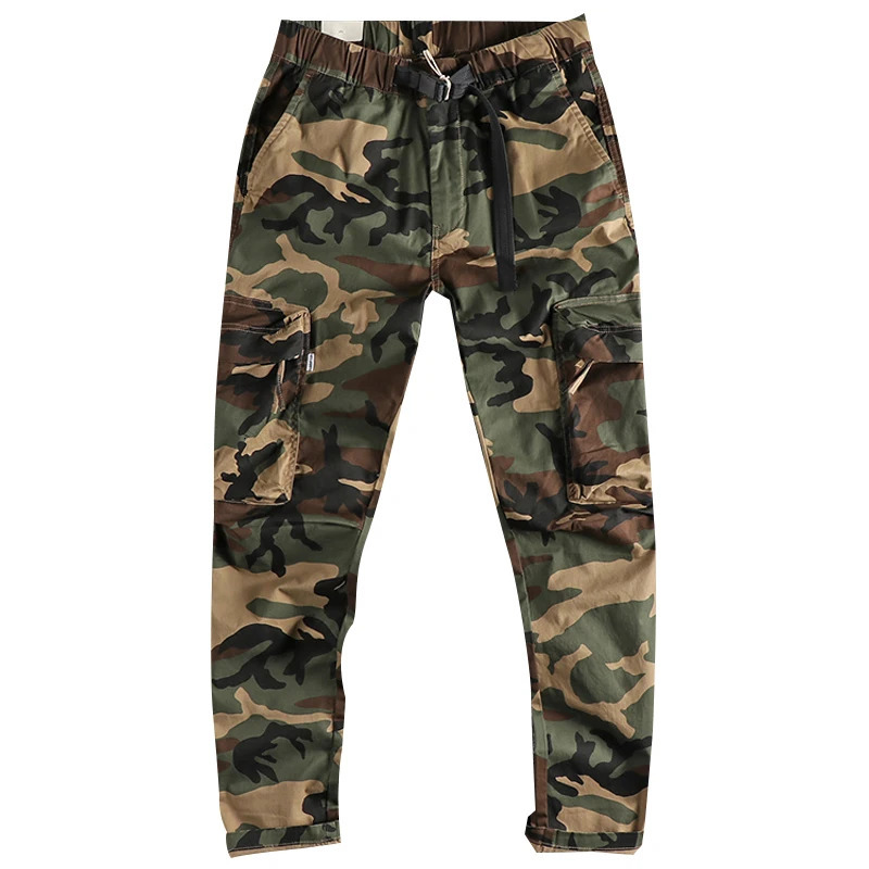 377# Four Seasons American Retro Woven Camouflage Cargo Pants Mens 97% Cotton Washed Multipocket Casual Straight Trousers 240806