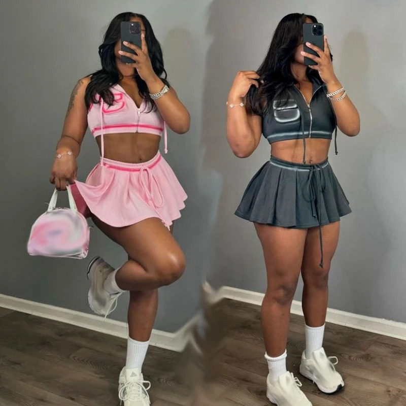 Sporty Casual Two Piece Set for Women Zip Up Tank Top and Mini Skirt Sets 240806