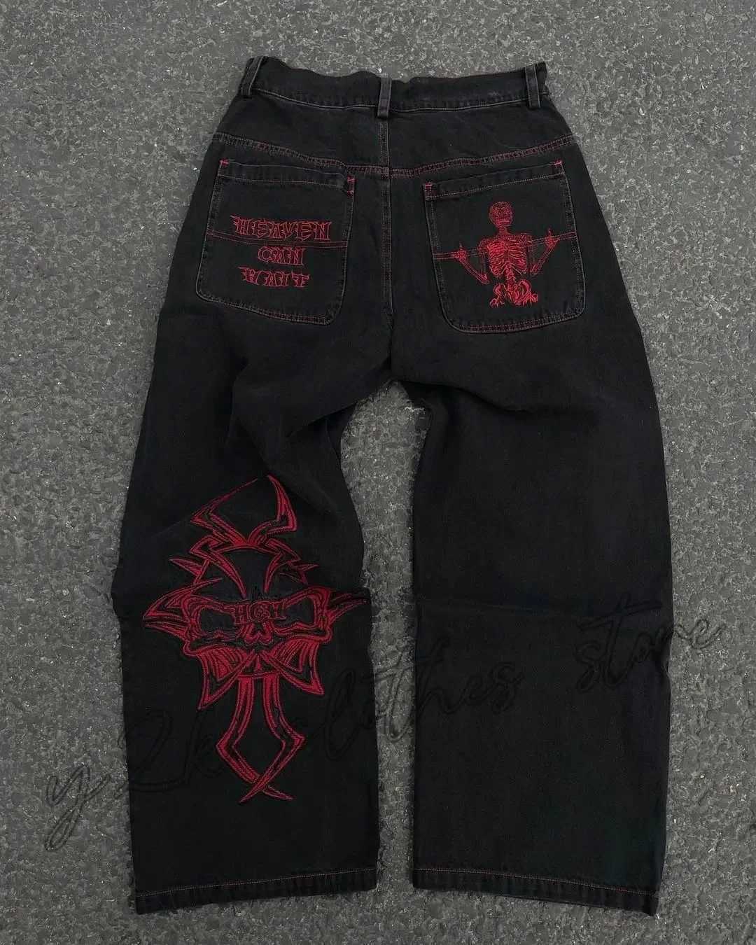 Mens Y2K jeans hip-hop retro skull embroidery washed loose denim pants new straight leg casual loose pants street wear M250610