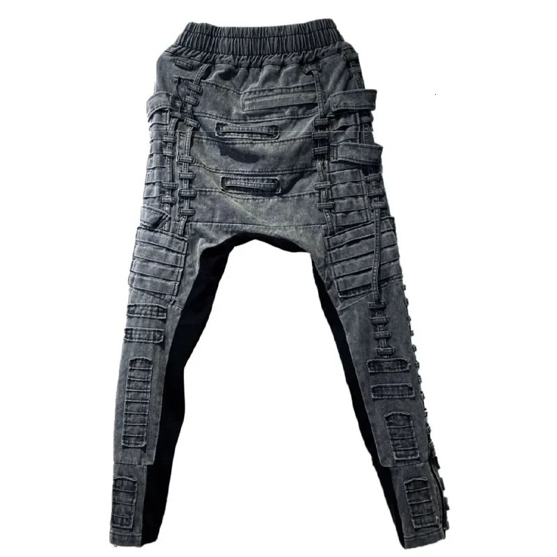 Mens Asymmetric Slim Fit Distressed Cargo Pants Dark Gray Washed Joggers Men 240806