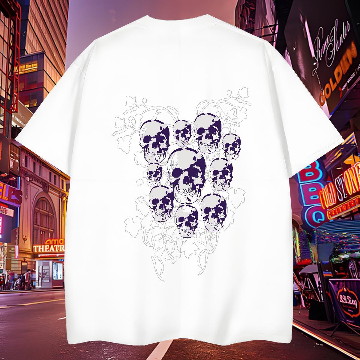 Fashion Casual T-Shirts for Men skull Tees 230g 100% Cotton Summer Casual Loose Fit White Plus Size Round Neck Short Sleeve Men Clothes T-Shirt