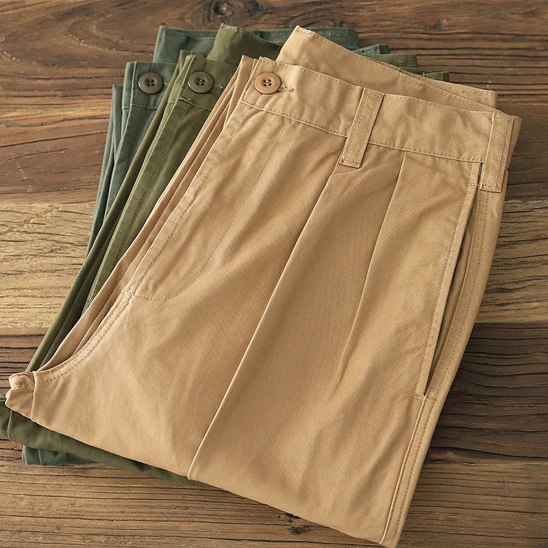 2901# Autumn American Retro Twill Pleat Chino Cargo Pants Mens Fashion 100% Cotton Washed Old Casual Straight Trousers 240806
