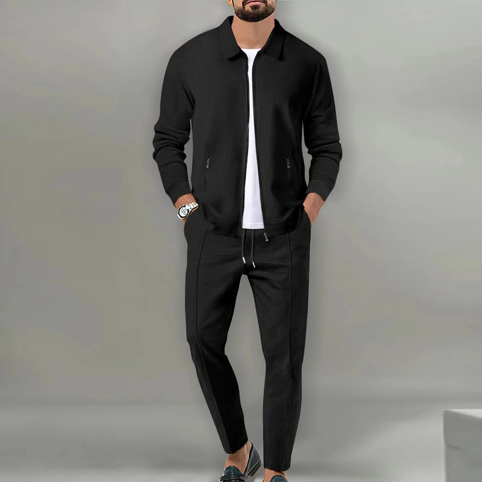 Spring Autumn Mens Two Piece Set Solid Waffle Zipper Pocket Turn-down Collar Slim Fit Cardigan Coat And Long Pants Mens Suits 240813