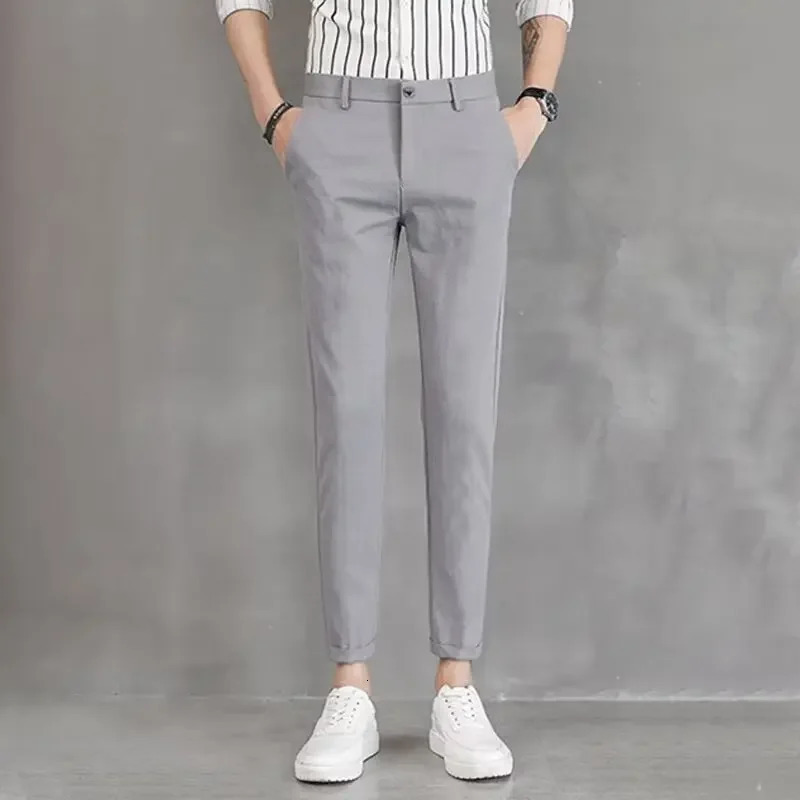 Spring Summer Mens Cropped Pants Slimming Smooth Silhouette Korean Trend Versatile Young Mans Feet Trousers Thin 240806