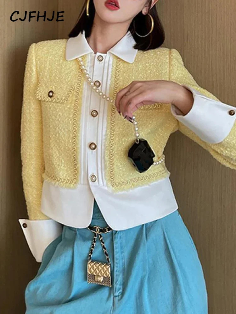 CJFHJE Yellow Tweed Jacket Coat Women Korean Fashion Sweet Woolen Short Coats Autumn Winter Vintage Elegant Lady Outwear Jackets 240806